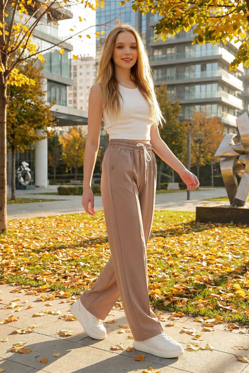 Bisküvi Yüksek Bel Önü Çimalı Bol Paça Çift Cepli Eşofman Altı BCHYL-251228