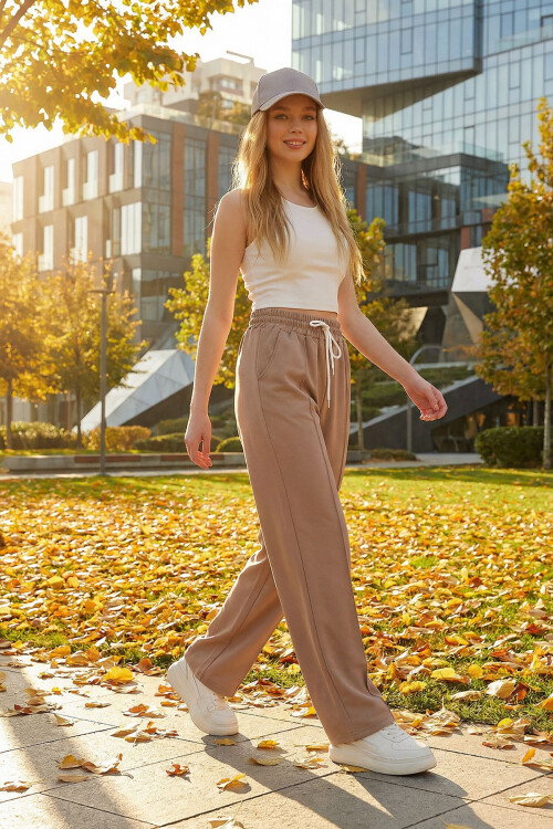 Bisküvi Yüksek Bel Önü Çimalı Bol Paça Çift Cepli Eşofman Altı BCHYL-251228