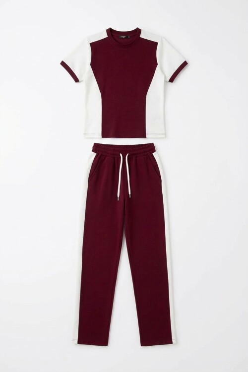 Bordo Blok Detaylı Yumuşak Dokulu Modal Kumaş Alt Üst Takım