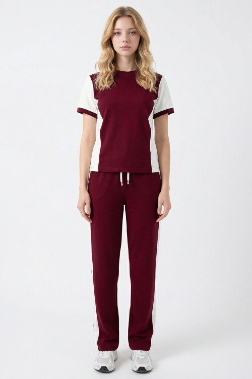 Bordo Blok Detaylı Yumuşak Dokulu Modal Kumaş Alt Üst Takım