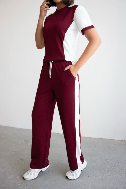 Bordo Blok Detaylı Yumuşak Dokulu Modal Kumaş Alt Üst Takım