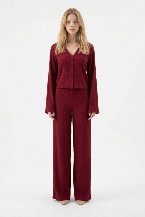 Bordo Geniş Kol Düğme Detaylı Yakalı Bluz Ve Palazzo Pantolon Alt Üst Takım