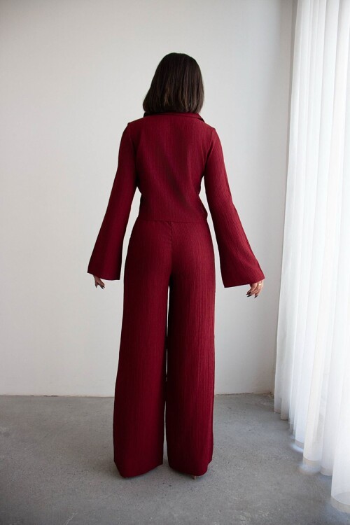 Bordo Geniş Kol Düğme Detaylı Yakalı Bluz Ve Palazzo Pantolon Alt Üst Takım
