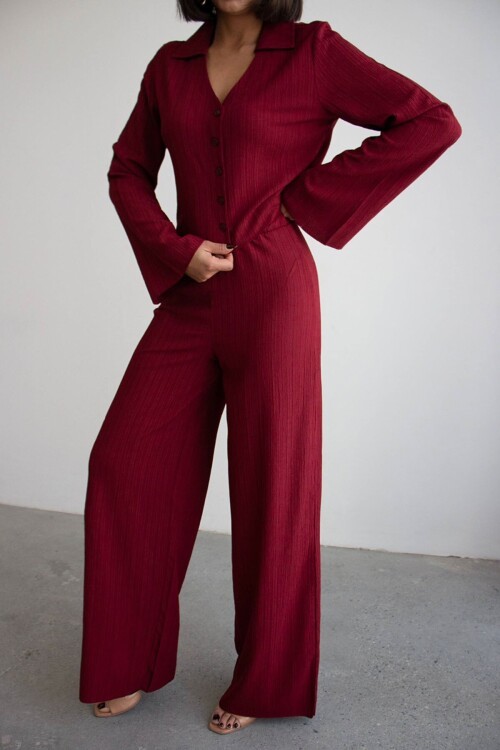 Bordo Geniş Kol Düğme Detaylı Yakalı Bluz Ve Palazzo Pantolon Alt Üst Takım
