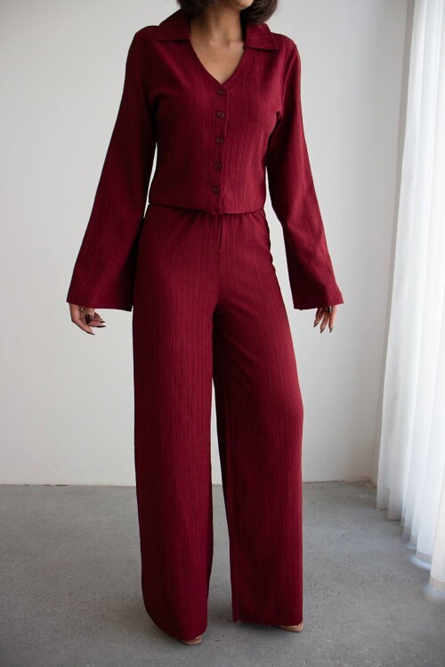 Bordo Geniş Kol Düğme Detaylı Yakalı Bluz Ve Palazzo Pantolon Alt Üst Takım