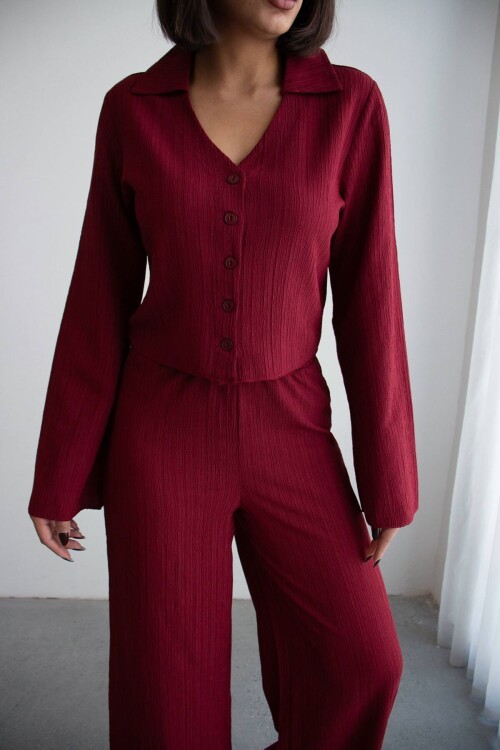 Bordo Geniş Kol Düğme Detaylı Yakalı Bluz Ve Palazzo Pantolon Alt Üst Takım