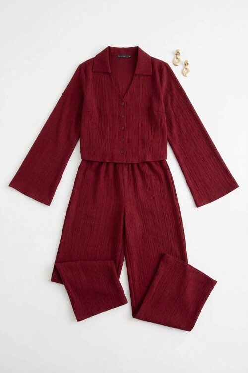 Bordo Geniş Kol Düğme Detaylı Yakalı Bluz Ve Palazzo Pantolon Alt Üst Takım
