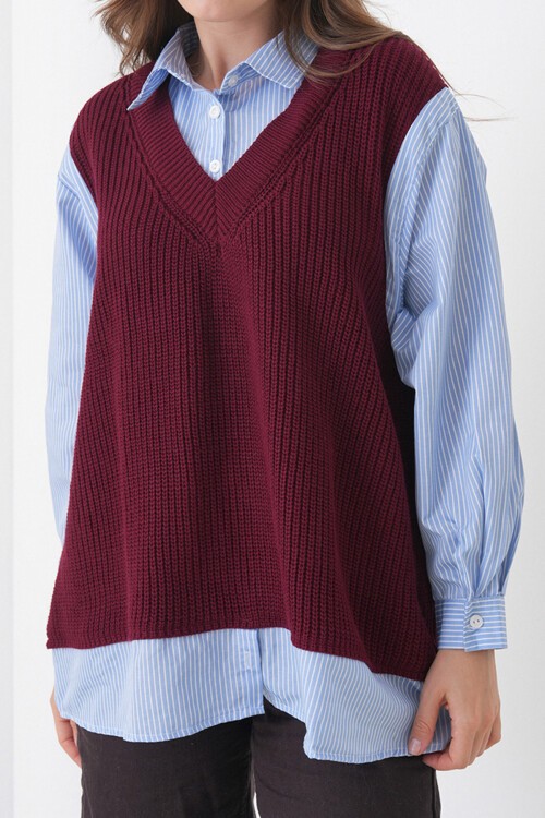 Bordo Gömlek Detaylı V Yaka Triko Süveter Bluz BCHPK-251251