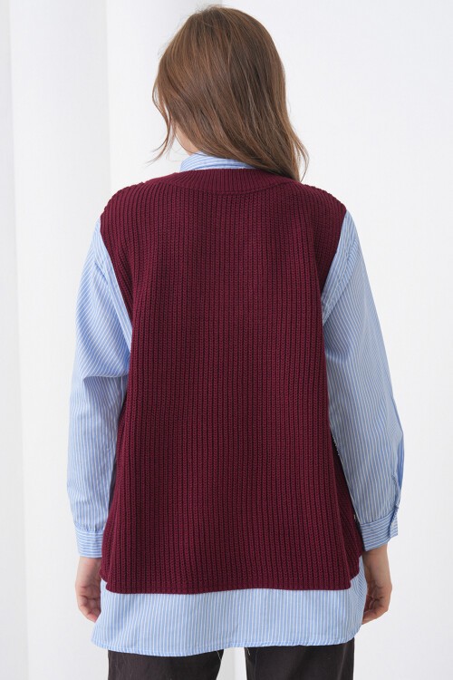 Bordo Gömlek Detaylı V Yaka Triko Süveter Bluz BCHPK-251251