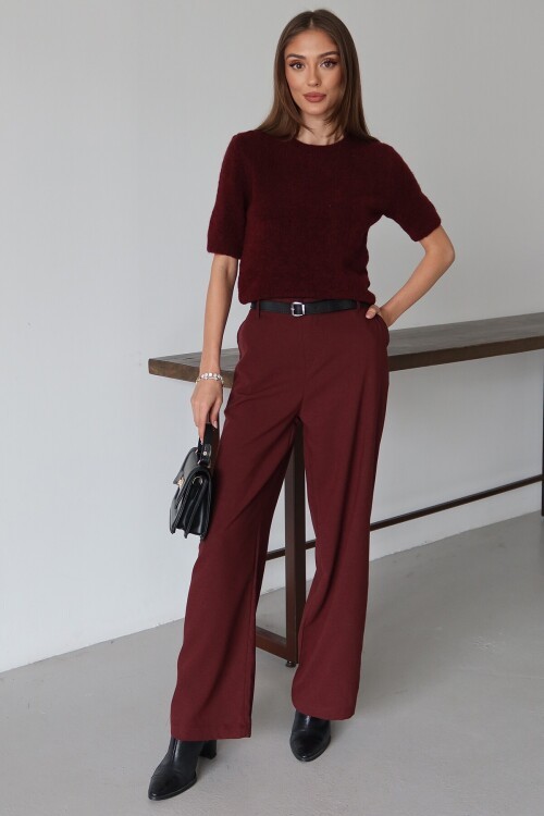 Bordo Kemerli Çift Cepli Palazzo Pantolon