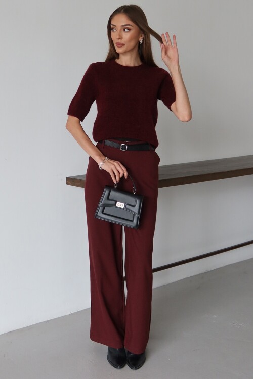 Bordo Kemerli Çift Cepli Palazzo Pantolon