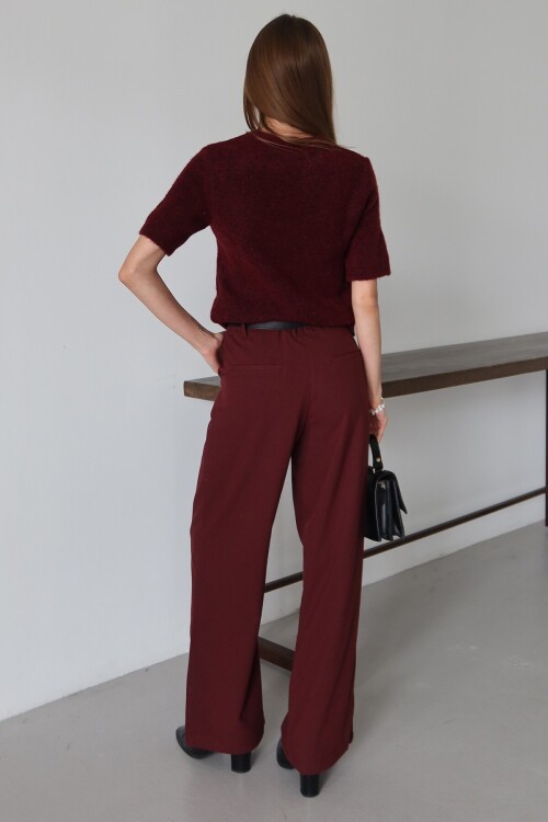 Bordo Kemerli Çift Cepli Palazzo Pantolon