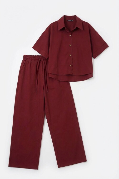 Bordo Keten Gömlek Ve Palazzo Pantolon Takım