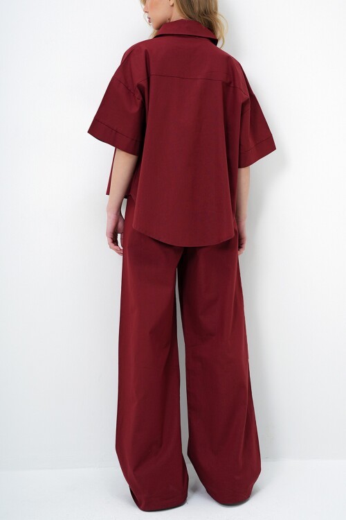 Bordo Keten Gömlek Ve Palazzo Pantolon Takım
