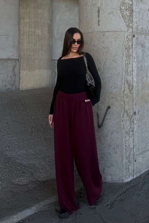 Bordo Pile Detaylı İspanyol Ultra Soft Kumaş Pantolon BCDF-25P0002