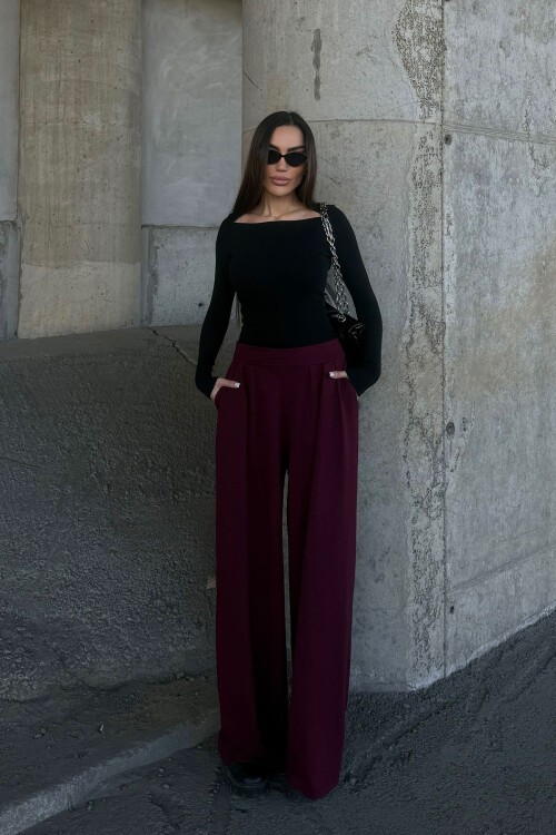 Bordo Pile Detaylı İspanyol Ultra Soft Kumaş Pantolon BCDF-25P0002