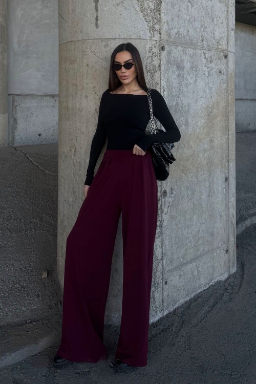 Bordo Pile Detaylı İspanyol Ultra Soft Kumaş Pantolon BCDF-25P0002