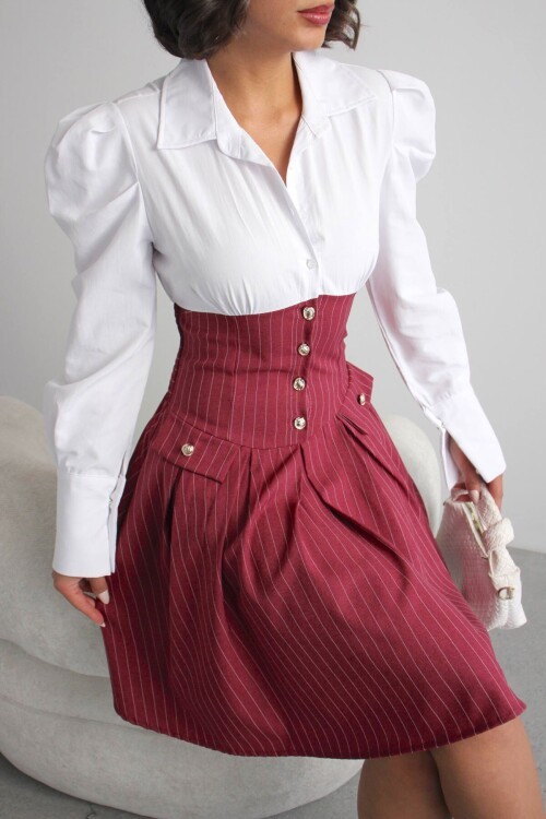 Bordo Pileli Çizgili Dokuma Gömlek Elbise