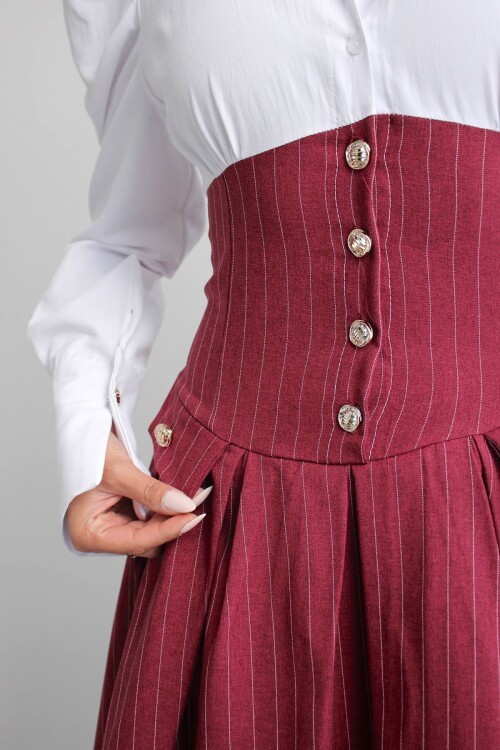 Bordo Pileli Çizgili Dokuma Gömlek Elbise