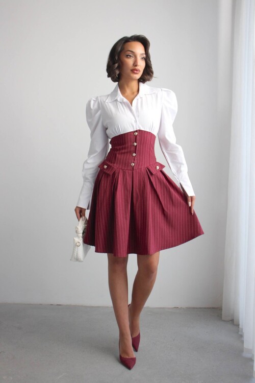 Bordo Pileli Çizgili Dokuma Gömlek Elbise