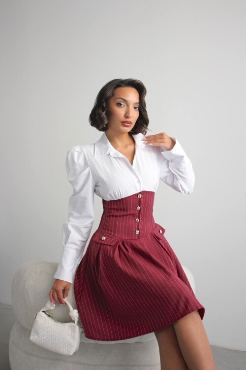 Bordo Pileli Çizgili Dokuma Gömlek Elbise