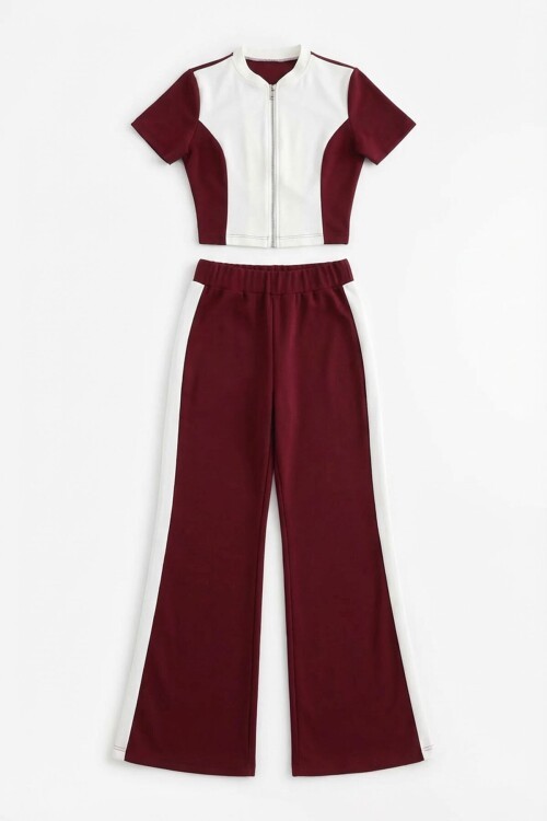 Bordo Renk Bloklu Fermuarlı Yumuşak Dokulu Kumaş Eşofman Takımı