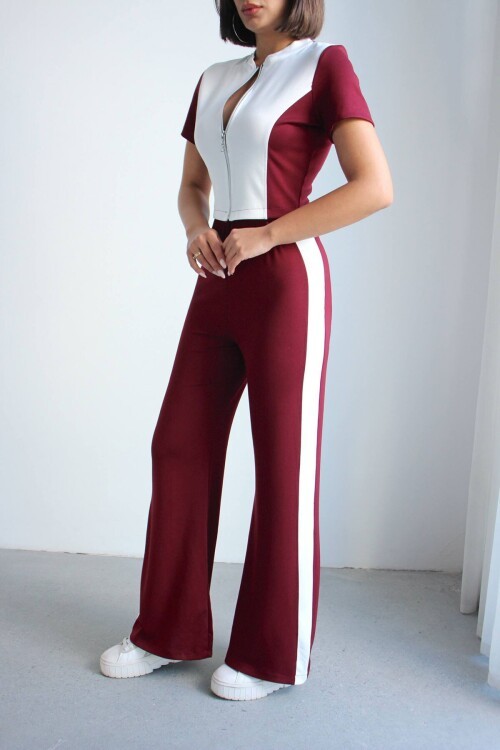 Bordo Renk Bloklu Fermuarlı Yumuşak Dokulu Kumaş Eşofman Takımı