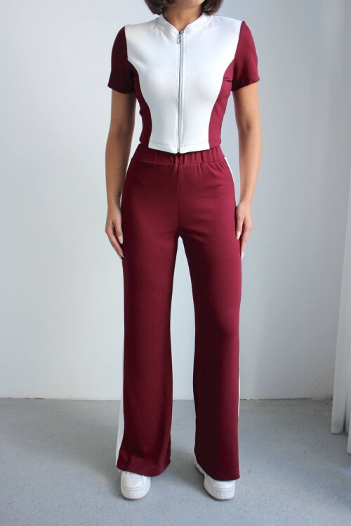 Bordo Renk Bloklu Fermuarlı Yumuşak Dokulu Kumaş Eşofman Takımı