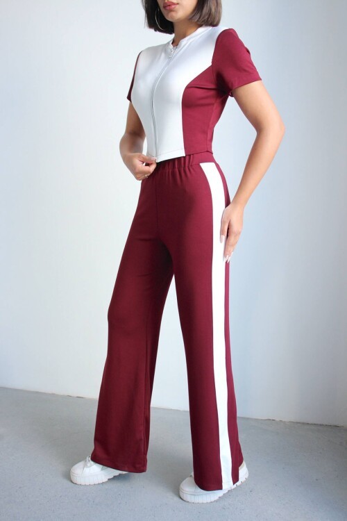 Bordo Renk Bloklu Fermuarlı Yumuşak Dokulu Kumaş Eşofman Takımı