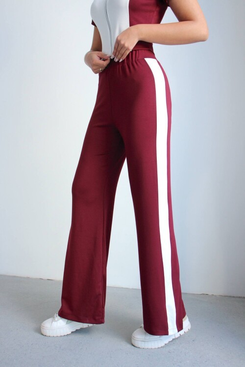 Bordo Renk Bloklu Fermuarlı Yumuşak Dokulu Kumaş Eşofman Takımı