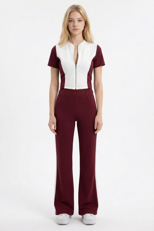 Bordo Renk Bloklu Fermuarlı Yumuşak Dokulu Kumaş Eşofman Takımı