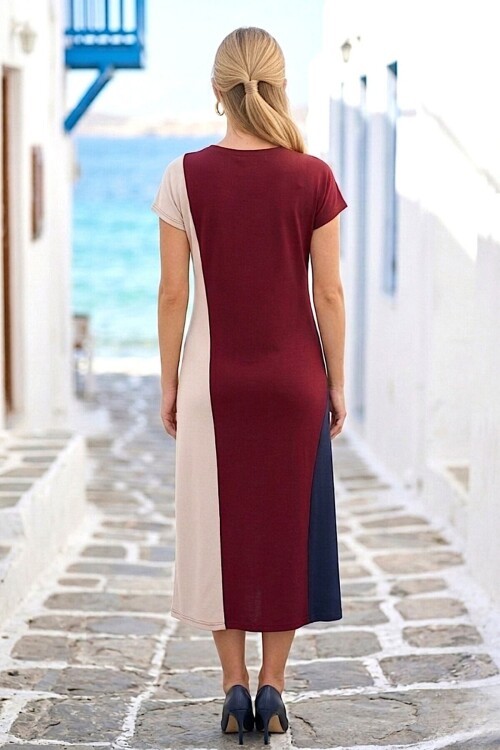 Bordo Şeritli Modal Kumaş Elbise