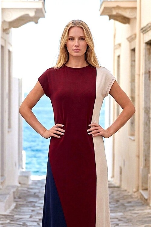 Bordo Şeritli Modal Kumaş Elbise