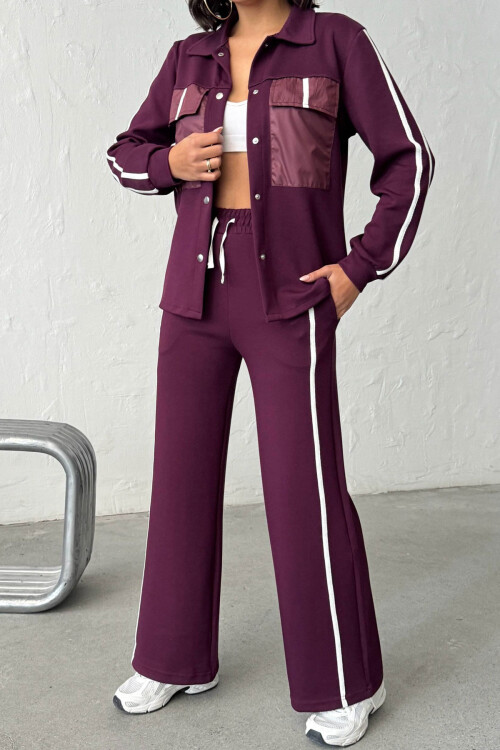 Bordo Yumuşak Dokulu Biyeli Palazzo Pantolon Ve Garnili Gömlek Alt Üst Takım BCHN-25261025