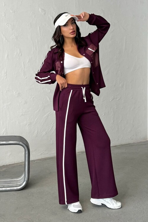 Bordo Yumuşak Dokulu Biyeli Palazzo Pantolon Ve Garnili Gömlek Alt Üst Takım BCHN-25261025