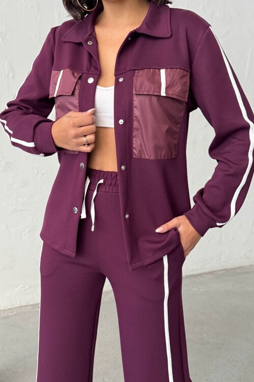 Bordo Yumuşak Dokulu Biyeli Palazzo Pantolon Ve Garnili Gömlek Alt Üst Takım BCHN-25261025