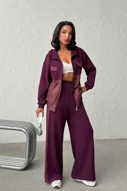 Bordo Yumuşak Dokulu Garnili Kapüşonlu Sweatshirt Ve Pantolon Alt Üst Takım BCHN-25261023
