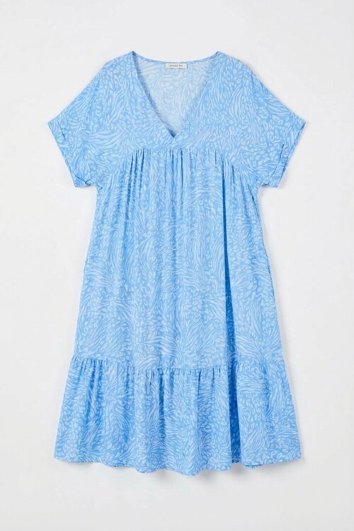 Buz Mavi V Yaka Oversize Kesim Desenli Çift Cepli Volanlı Elbise