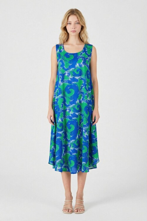 Cam Göbeği U Yaka Kolsuz Asimetrik Kesim Midi Boy Elbise