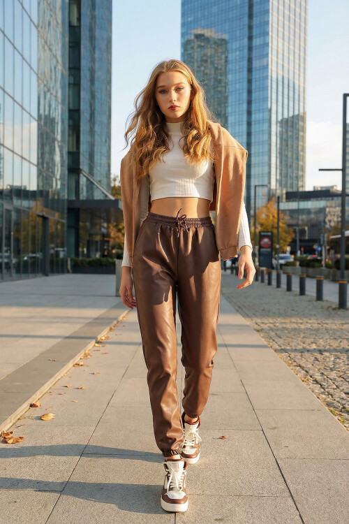 Çikolata Çift Cepli Bel Ve Bilek Lastikli İçi Şardonlu Casual Suni Deri Pantolon BCHYL-251226