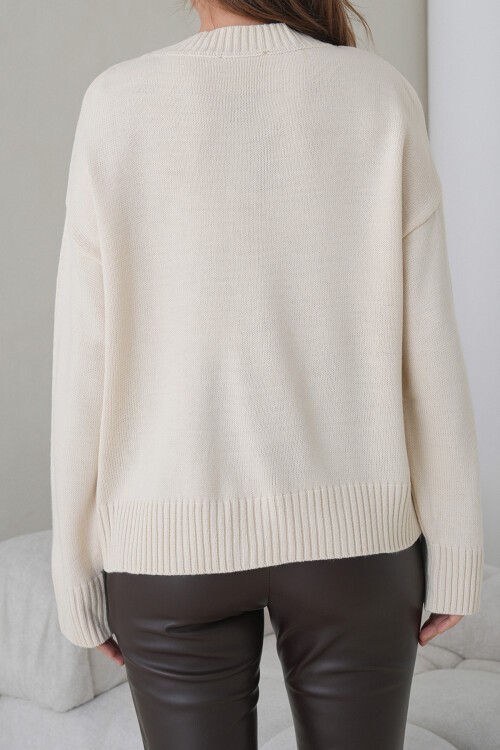 Ekru Bisiklet Yaka Oversize Triko Kazak BCHPK-251238