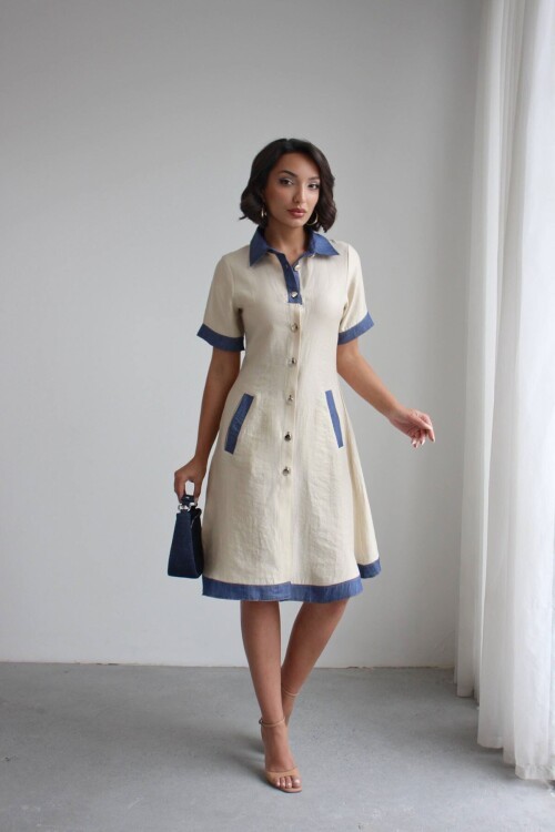 Ekru Denim Garnili Düğmeli Tensel Dokuma Elbise