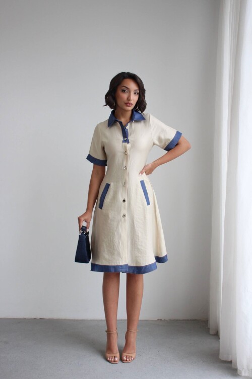 Ekru Denim Garnili Düğmeli Tensel Dokuma Elbise