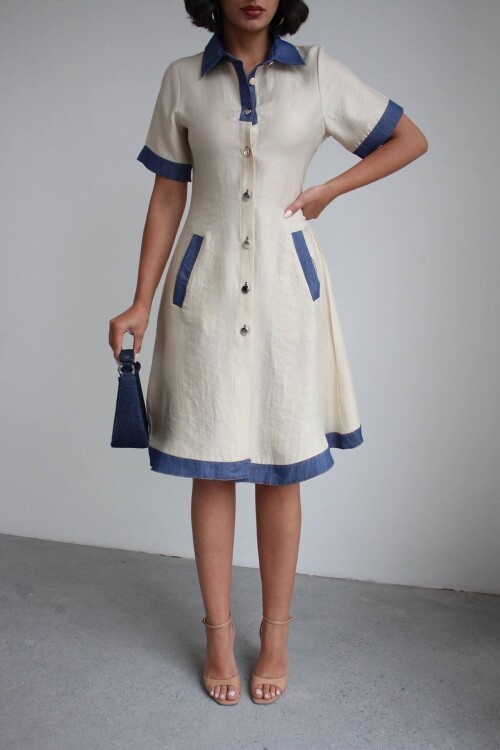 Ekru Denim Garnili Düğmeli Tensel Dokuma Elbise