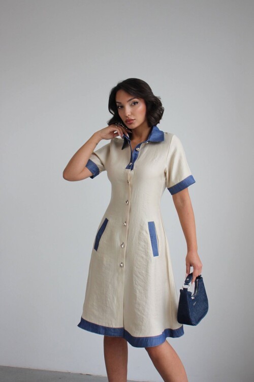 Ekru Denim Garnili Düğmeli Tensel Dokuma Elbise