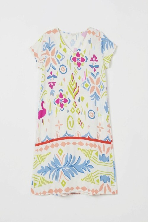 Ekru Desenli Desenli V Yaka Midi Boy Elbise