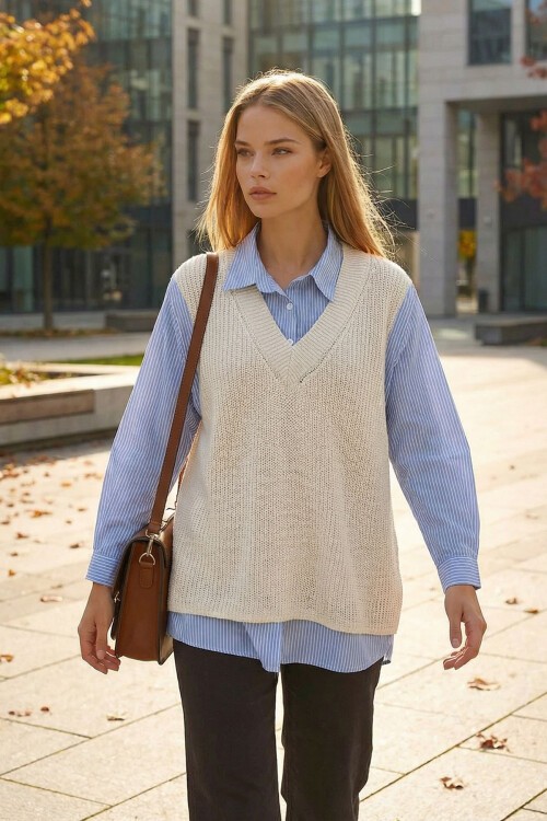 Ekru Gömlek Detaylı V Yaka Triko Süveter Bluz BCHPK-251251