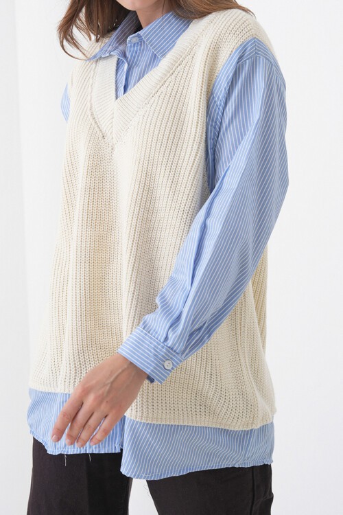 Ekru Gömlek Detaylı V Yaka Triko Süveter Bluz BCHPK-251251