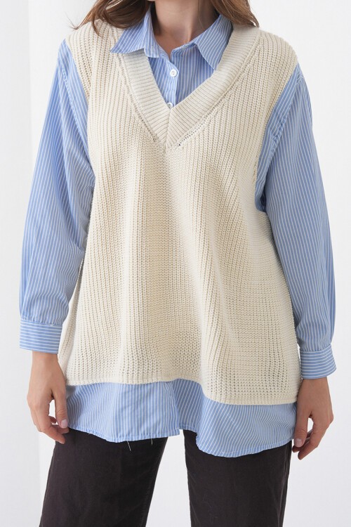 Ekru Gömlek Detaylı V Yaka Triko Süveter Bluz BCHPK-251251