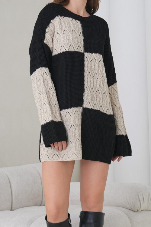 Ekru Siyah Bisiklet Yaka Desenli Mini Triko Elbise BCHPK-251244